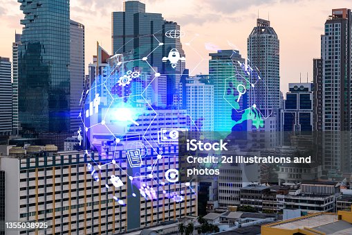 istock Hologram of Research and Development glowing icons. Sunset panoramic city view of Bangkok. Concept of innovative technologies to create new services and products in Asia. Double exposure. 1355038925