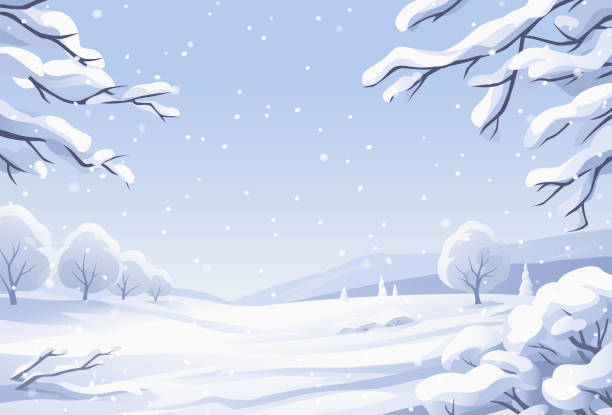illustrazioni stock, clip art, cartoni animati e icone di tendenza di paesaggio invernale con alberi innevati - neve