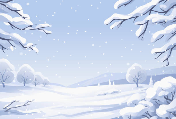 Winter Landscape With Snow-covered Trees A winter landscape with snowy branches in the foreground and trees, hills and mountains in the background. The sky is overcast and it's snowing. Vector illustration with space for text. winter snow landscape stock illustrations