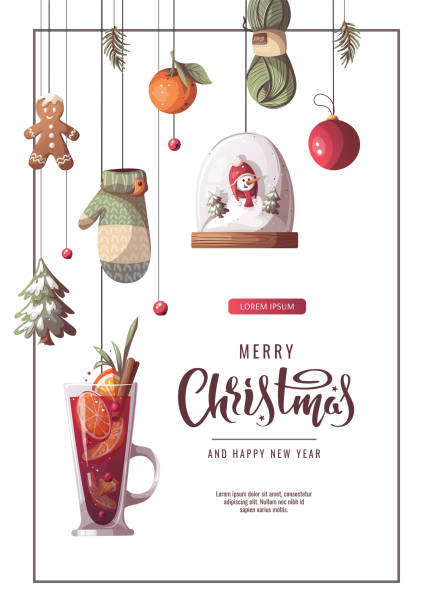 ilustraciones, imágenes clip art, dibujos animados e iconos de stock de diseño de banner para feliz navidad y año nuevo. invierno acogedor, confort en el hogar, concepto de vacaciones. - mulled wine punch cocktail christmas