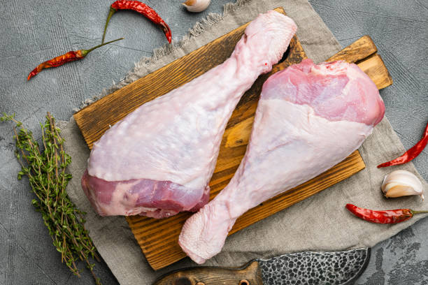 istock Drumstick turkey meat raw with ingredients, on gray stone table background 1355039340