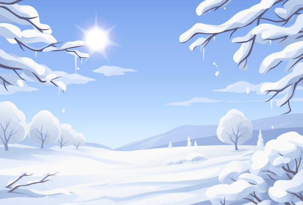 illustrazioni stock, clip art, cartoni animati e icone di tendenza di paesaggio invernale soleggiato con alberi innevati - icicle ice backgrounds melting