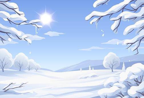 Vector illustration of a bright sunny winter landscape with snowy branches in the foreground and trees, hills and mountains in the background.