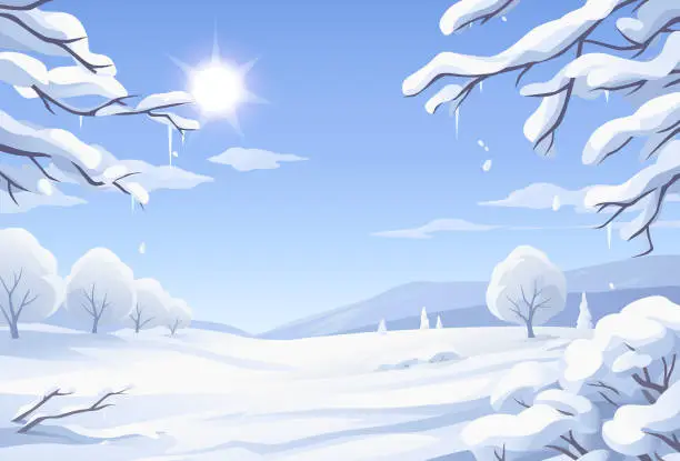 Vector illustration of Sunny Winter Landscape With Snow-covered Trees