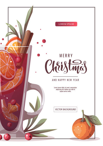 ilustraciones, imágenes clip art, dibujos animados e iconos de stock de diseño flyer con vino caliente, naranja. feliz navidad, acogedor invierno, año nuevo, concepto de vacaciones. - mulled wine punch cocktail christmas