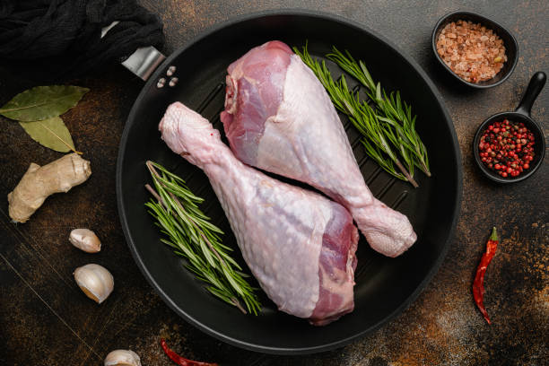 istock Turkey meat, raw thigh with spices, on frying cast iron pan, on old dark rustic table background, top view flat lay 1355040232