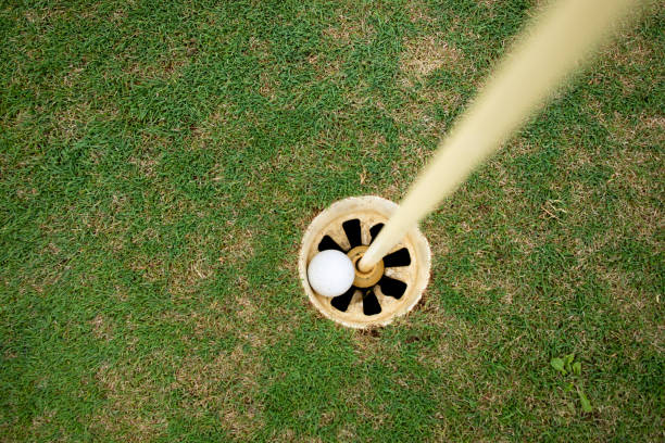 istock Top view of golf ball in the hole. 1355040451