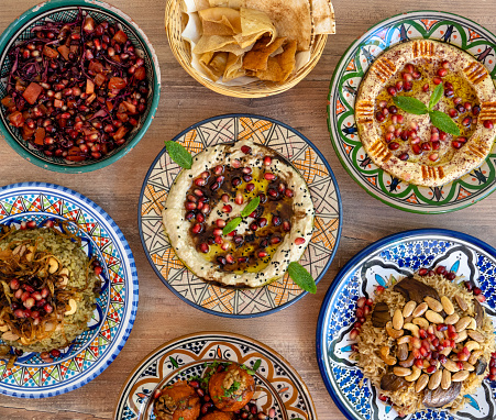 Shot from above Syrian Food Cuisine Plates Pomegranates