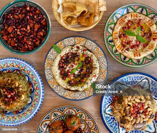 Syrian Food Cuisine Plates Pomegranates Stock Photo - Download Image Now - Middle Eastern Food, Food, Hummus - Food