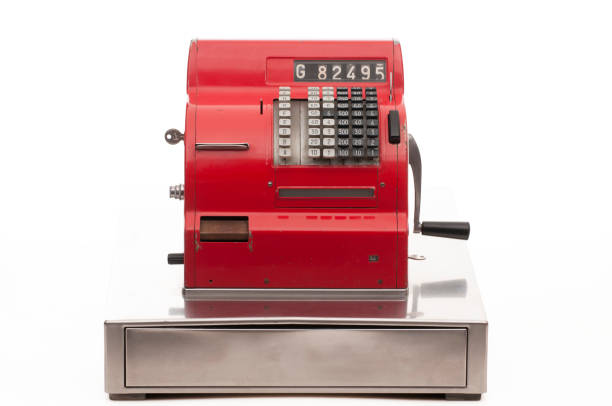 ヴィンテージ赤のレジ - cash register old fashioned antique shopping ストックフォトと画像