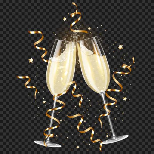 transparent realistisch zwei gläser champagner mit bändern und konfetti, für dunklen hintergrund, isoliert. - champagnerglas stock-grafiken, -clipart, -cartoons und -symbole