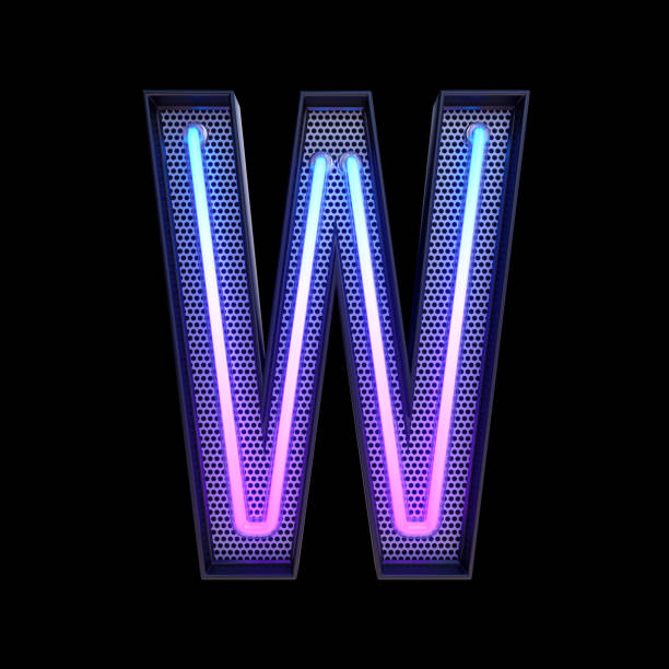 Neon retro Light Alphabet letter W isolated on a black background with Clipping Path. 3d illustration.