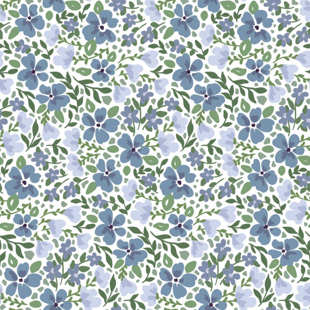 Seamless pattern with painted flowering meadow. Floral pattern with small blue flowers and leaves. Vector. Seamless pattern with small blue flowers on a white background. Artistic floral pattern with small hand drawn flowers and leaves. Contemporary flower cover design. Vector illustration. grass vector meadow spring stock illustrations