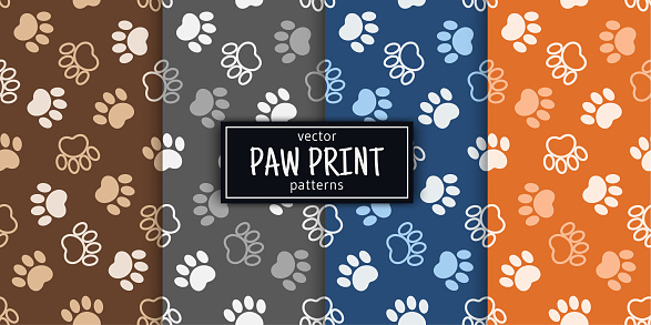 istock Paw print pattern set. Monochrome cat and dog paws pattern collection. Cute animal pattern background in flat style. 1355046514
