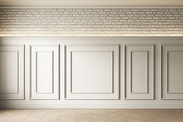 istock Classic loft interior with white wall panel, moldings and brick wall. 3d render illustration mockup. 1355049140