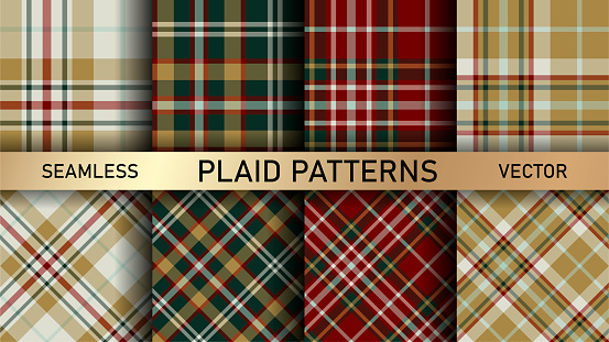 istock Seamless vector multicolor plaid patterns. Set of tartan backgrounds. Collection of stylish geometric designs for fabric, textile, wrapping etc. 1355049913