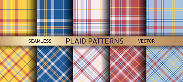 istock Seamless vector multicolor plaid patterns. Set of tartan backgrounds. Collection of stylish geometric designs for fabric, textile, wrapping etc. 1355049932