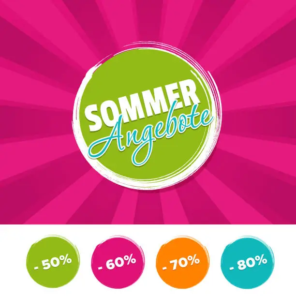 Vector illustration of Summer offers banners and 50%, 60%, 70% & 80% reduced buttons. Eps10 Vector.