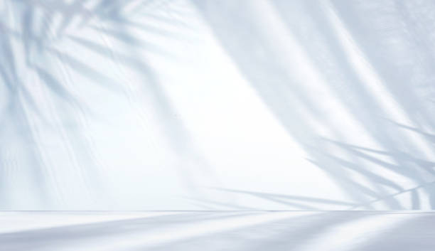 Minimalistic abstract light blue background. Minimal abstract light blue background for product presentation. Shadow of tropical leaves and curtains window on plaster wall. blue light room stock pictures, royalty-free photos & images