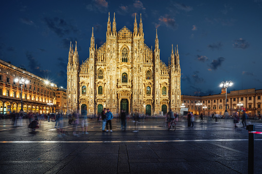 Piazza Duomo in Milan at night. Italian international landmark.