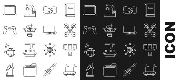 ustaw linię router i sygnał wi-fi, serwer, dane, hosting, latanie dronem, karta graficzna wideo, robot, gamepad, laptop i ikona smart tv. wektor - video game gamepad black isolated on white stock illustrations