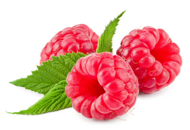 istock ripe raspberries with green leaf isolated on white background. clipping path 1355054356