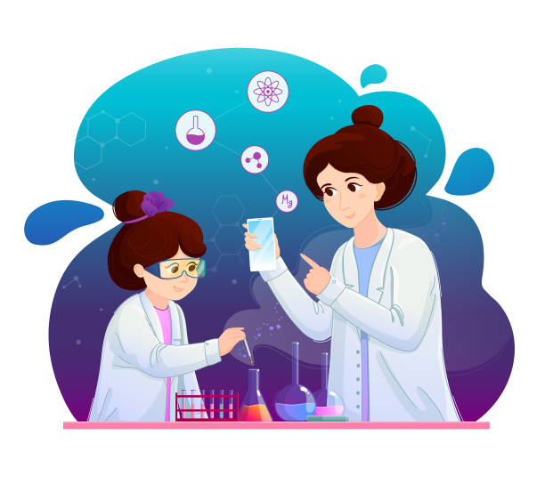 The girl and her mother are performing chemical experiments. Online learning concept. Vector colorful illustration isolated on white background. Help with chemistry lessons. laboratory clipart stock illustrations