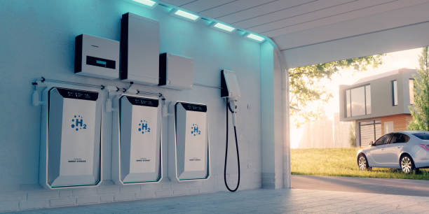The concept of local home energy storage using hydrogen and a battery in a garage in a beautiful afternoon atmosphere with a backdrop of an electric hydrogen car, a house and a city. 3d rendering. el concepto de almacenamiento de energía en el hogar local utilizando hidrógeno y una batería en un garaje en un hermoso ambiente de tarde con un telón de fondo de un automóvil eléctrico de hidrógeno, una casa y una ciudad. renderizado 3d.