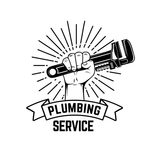 Plumbing service. Hand with plumbing wrench. Design element for label, sign. Vector illustration Plumbing service. Hand with plumbing wrench. Design element for label, sign. Vector illustration hand wrench stock illustrations