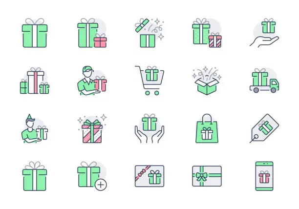Vector illustration of Gifts line icons. Vector illustration include icon - box, present card, package, price tag, service, shop, coupon, surprise outline pictogram for christmas. Red and Green color, Editable Stroke