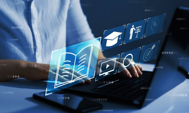 istock E-learning education and internet lessons. Education on internet Technology. Person who attends online lessons on a digital screen. 1355056378