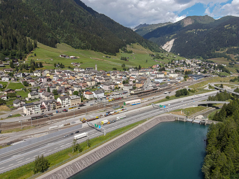 Drone view at the village of Airolo in the Swiss alps