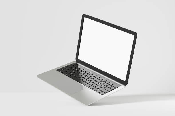 istock Laptop computer gray silver black with blank white screen. 3D mockup for presentation. 3D illustration rendering. 1355060032