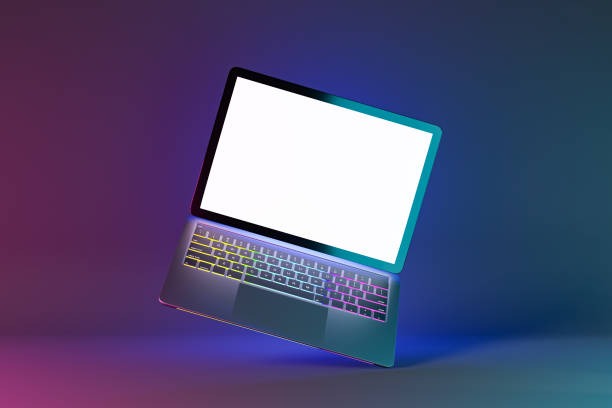 istock 3D illustration rendering object. Laptop computer silver and black color blank screen in blue pink light color background. 1355060056