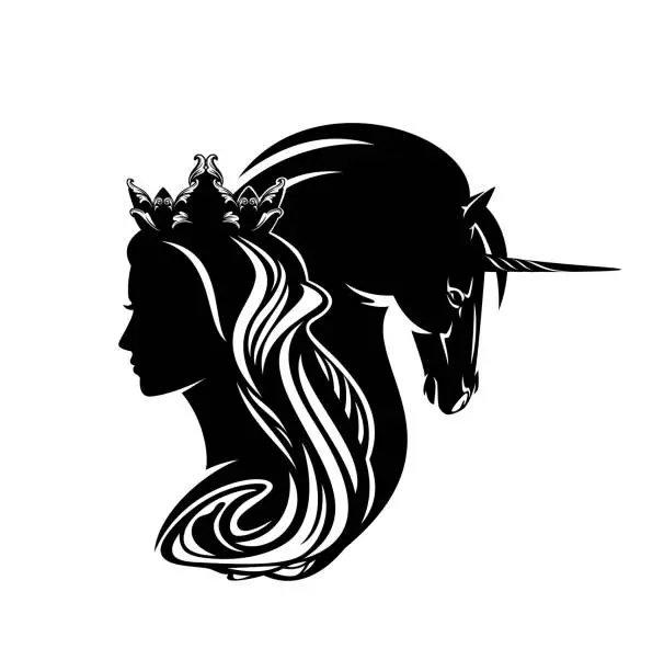 Vector illustration of black vector silhouette portrait of fairy tale princess with her magic unicorn horse