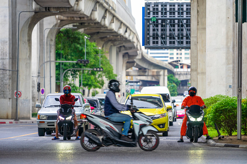 Thailand-October 9: The Vehicles during traffic jam on Patumwan road on October 9,2021 at Patumwan-Sukhumvit intersection in Bangkok,Thailand