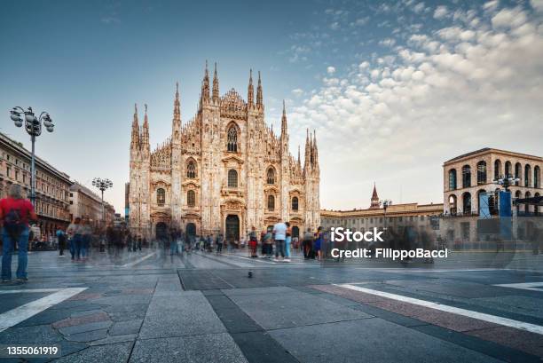 Piazza Duomo In Milan At Sunset Stock Photo - Download Image Now - Milan, Piazza Del Duomo - Milan, Sunset
