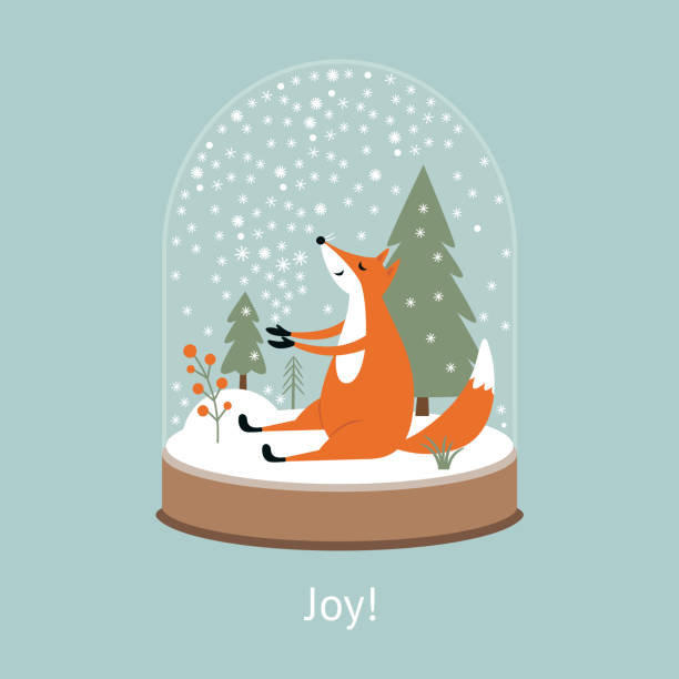 Snow globe. The cute fox catching snowflakes. vector art illustration