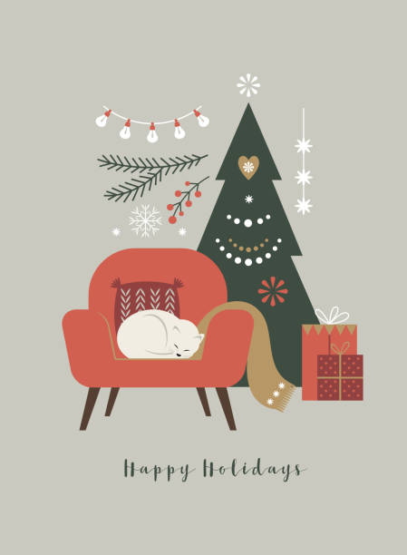 рождественская и новогодняя открытка.  кот спит на диване - house blessing stock illustrations