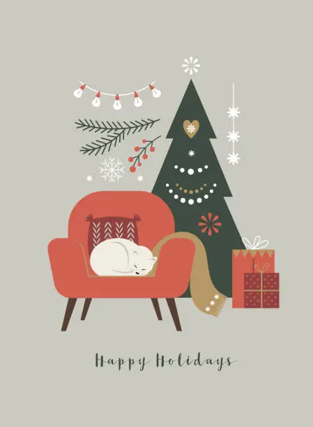 Vector illustration of Christmas and New Year card.  Cat sleeps on the sofa