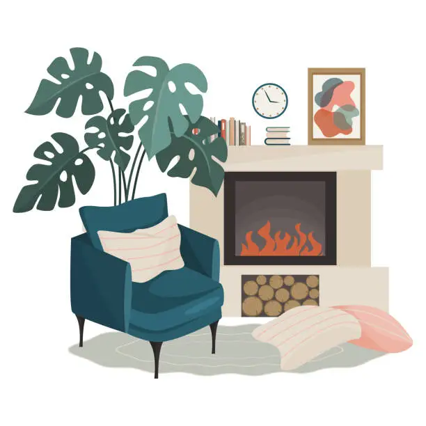 Vector illustration of The interior of the living room in Scandinavian style. The boho palette. Armchair, fireplace, indoor flower.