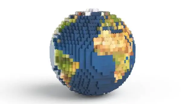 Photo of Earth planet assembled from toy bricks on white background