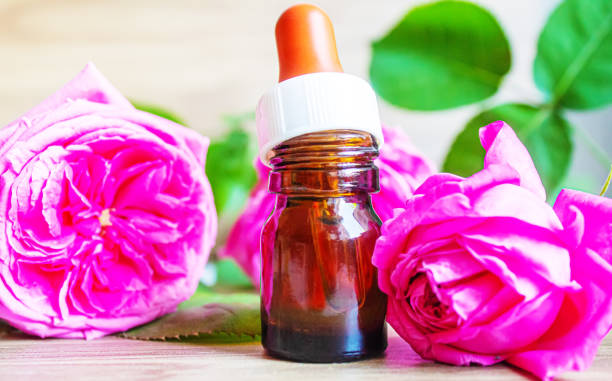 istock tea rose oil in a small bottle. selective focus. 1355063737