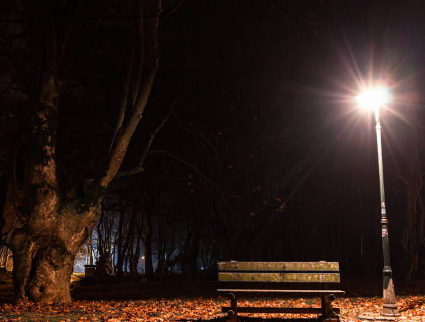 Bench at the night and foggy background. I take this photo to the park of Agios Nikolaos in Naousa.