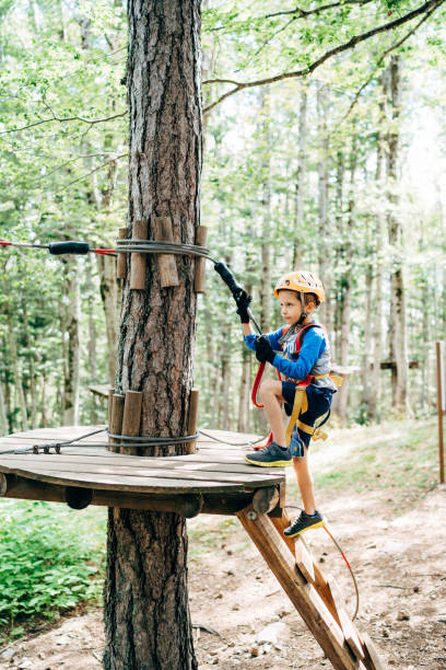 istock Boy climbs the stairs to a platform on a tree 1355065779