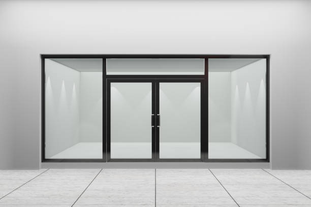 istock Front view of an empty storefront of shop. Design with black aluminuin and glass. 3D Illustration Rendering. 1355065886
