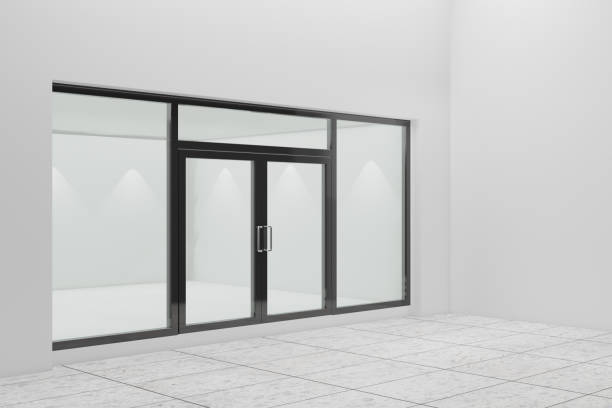 istock An empty storefront of shop. Design with black aluminuin and glass. 3D Illustration Rendering. 1355065888