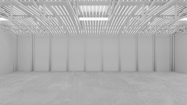 istock White warehouse background with a concrete floor in perspective view. 3D illustration rendering. 1355065914
