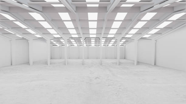 istock White warehouse background with a concrete floor in perspective view. 3D illustration rendering. 1355065915