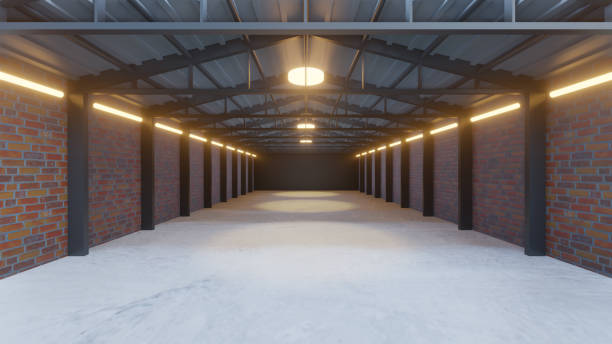 istock Old warehouse background with orange brick wall and a concrete floor in perspective view. 3D illustration rendering. 1355065924